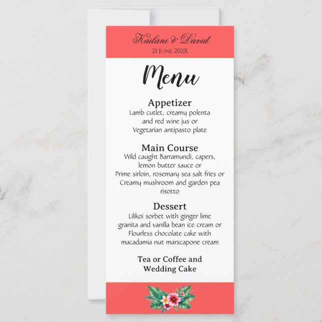 Carte de menu à thème mariage floral tropical (Devant)