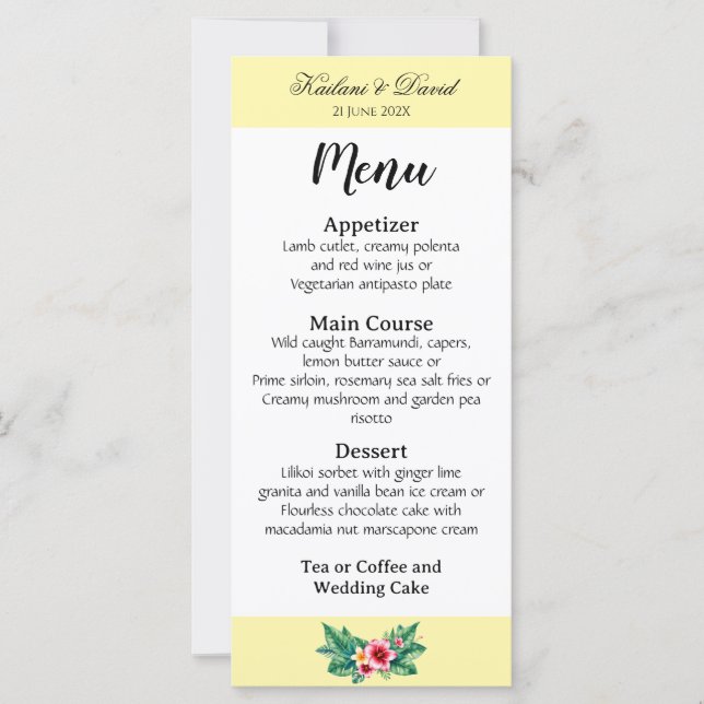 Carte de menu à thème mariage floral tropical (Devant)