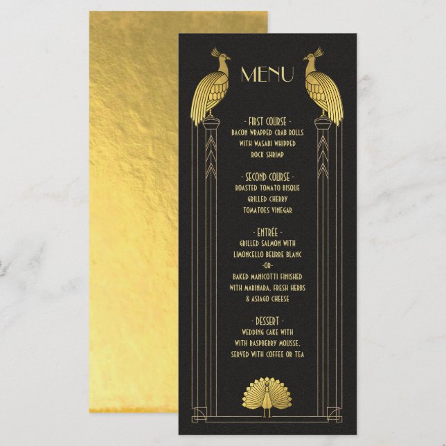 Carte de menu Art Déco Gold et Black Peacock Maria (Devant / Derrière)