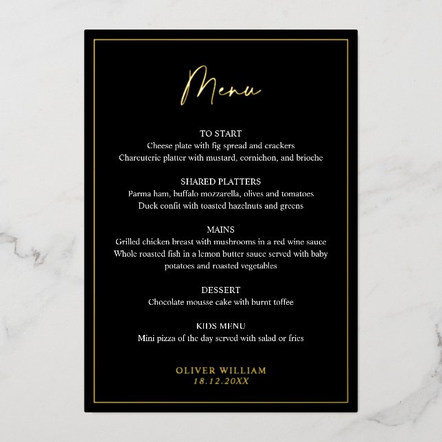 Carte de menu Baptême noir, blanc et or (Recto)