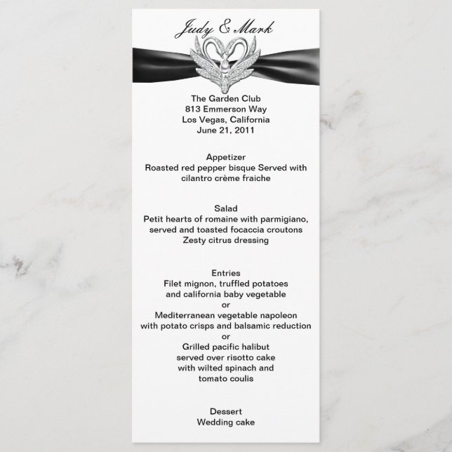 Carte de menu Black Ribbon Silver Swans (Devant)