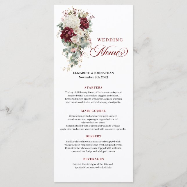 Carte de menu Boho Burgundy White Floral Mariage (Devant)