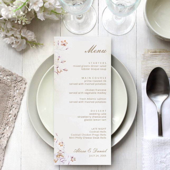 Carte de menu Boho Floral Mariage (Boho Floral Wedding Menu Card on a white wedding dinner table)