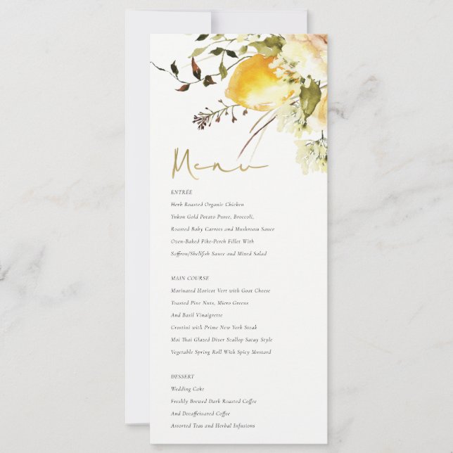 Carte de menu Boho Lemon Yellow Floral Mariage (Devant)