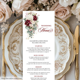 Carte de menu Boho rouge foncé or blanc mariage