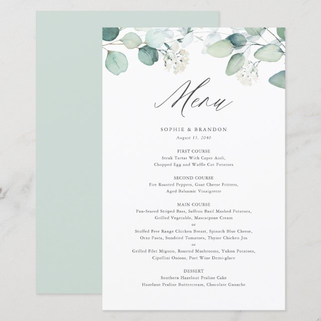 Carte de menu Boho Watercolor Eucalyptus Feuilles (Devant / Derrière)