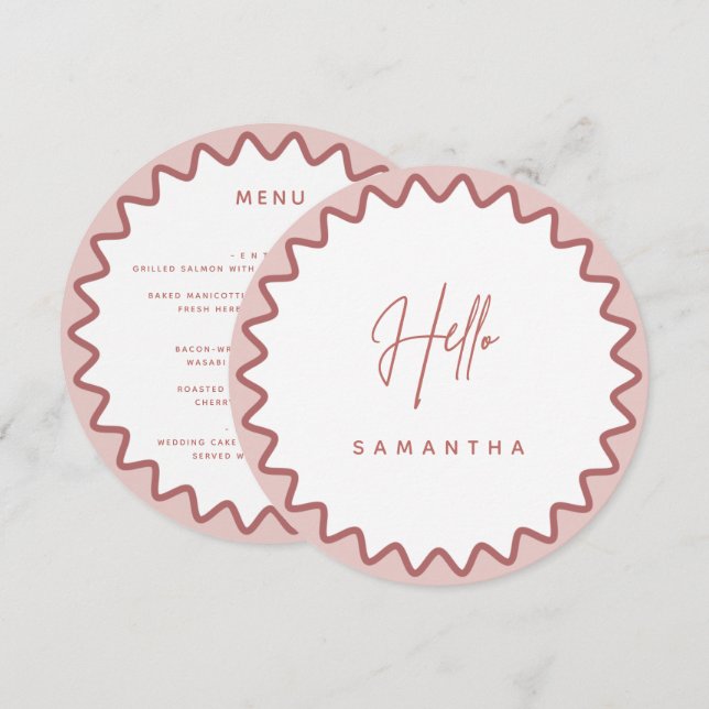 Carte de menu Bordure Rose Wavy avec nom (Devant / Derrière)