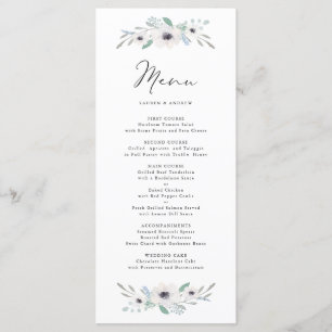 Carte de menu Botanique aux anémones blancs Aquare