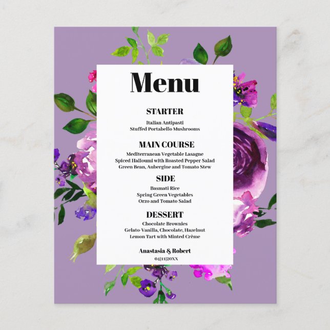 Carte de menu Budget Romantique Violet Floral (Devant)