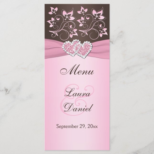 Carte de menu Coeur rose, Brown Floral (Devant)