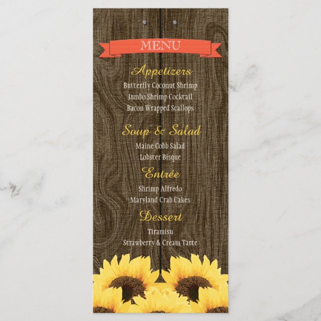 CARTE DE MENU CORAL RUSTIC SUNFLOWER (Devant)