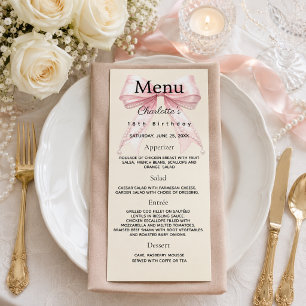 Carte de menu d'anniversaire avec ruban rose et fo
