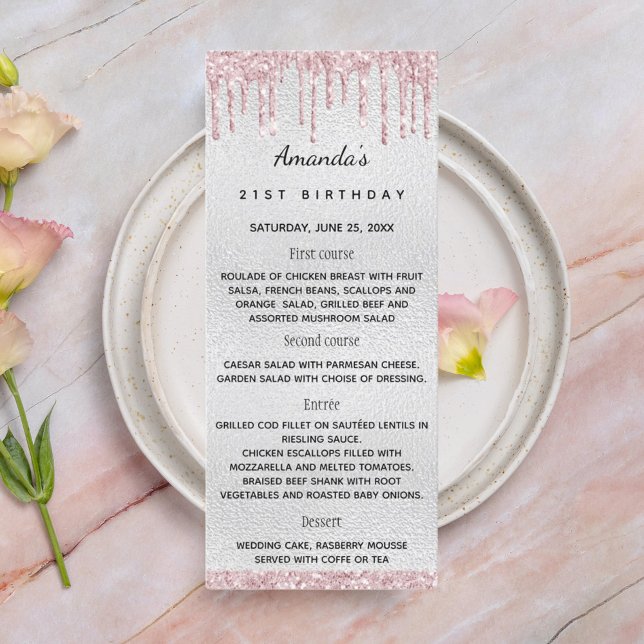 carte de menu d'anniversaire floraux roses argenté (Créateur téléchargé)