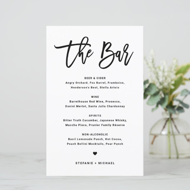 Carte de menu de bar de mariage en calligraphie mo (Debout devant)