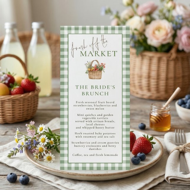 Carte de menu de brunch de marché Gingham pour mar (Créateur téléchargé)