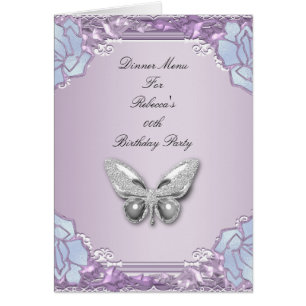 Carte de menu de dîner Argent Lilas Mauve Papillon