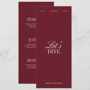 Carte de menu de dîner de mariage élégante bordeau
