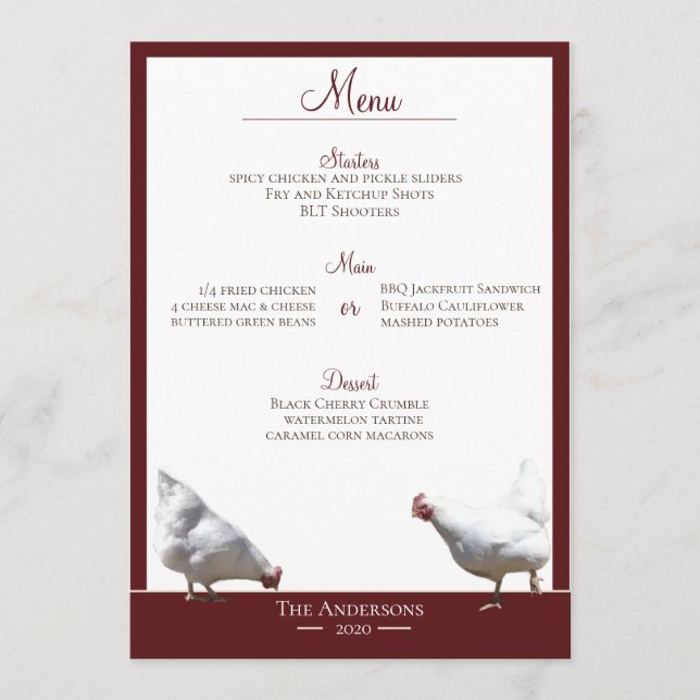 Carte de menu de dîner de poulet de ferme en liber (Devant)