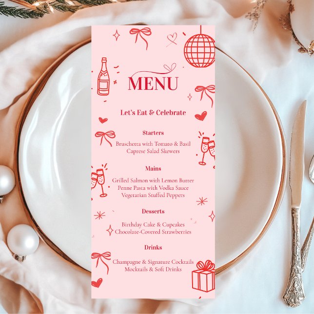 Carte de menu de fête d'anniversaire rose | À tren (Créateur téléchargé)