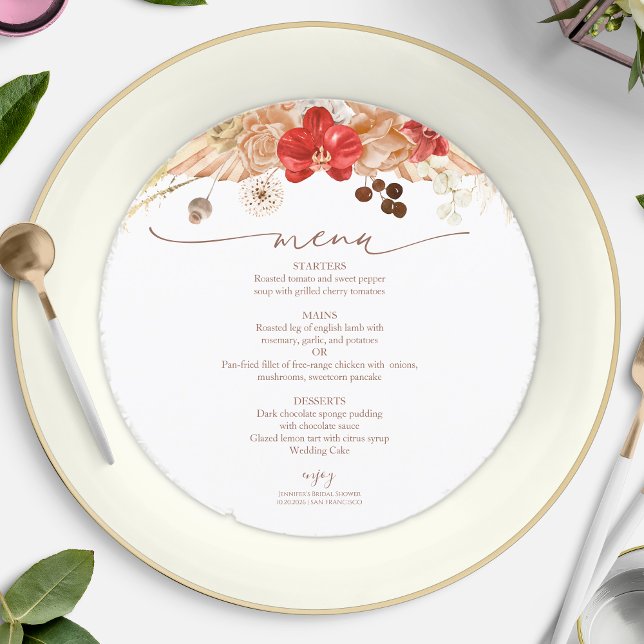 Carte de menu de Fête des mariées Florale Boho en  (Créateur téléchargé)