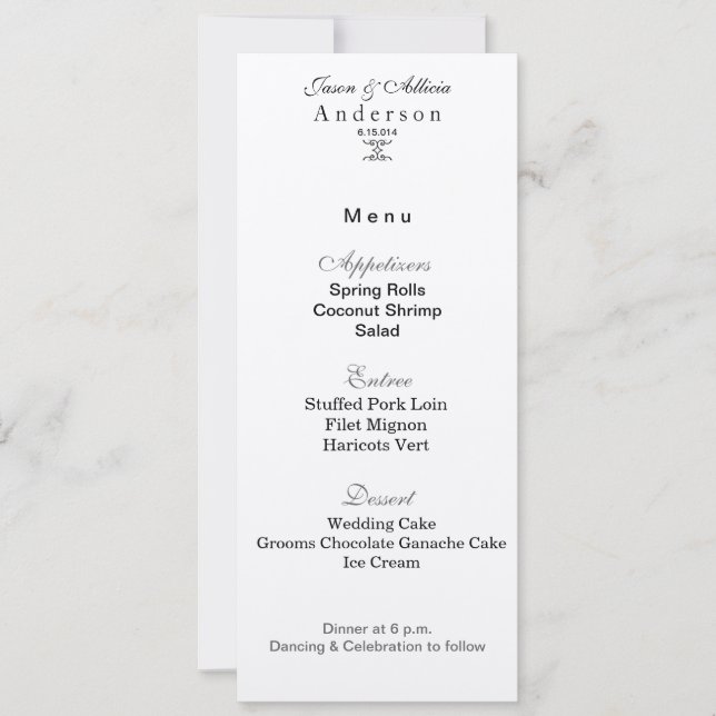 Carte de menu de glace argentée pour mariages et g (Devant)