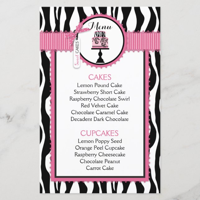 Carte de menu de la boulangerie Zebra Print and Ca (Devant)