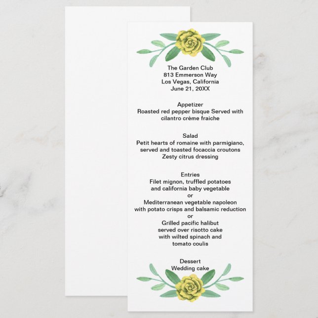 Carte de menu de mariage à feuillage floral jaune (Devant / Derrière)