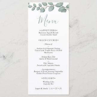 Carte de menu de mariage à la verdure d'eucalyptus