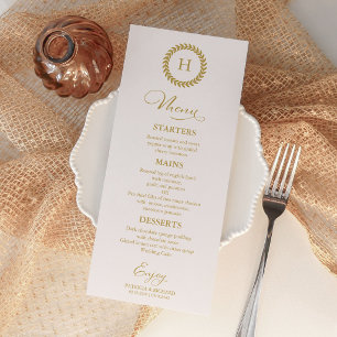 Carte de menu de mariage à monogramme doré minimal