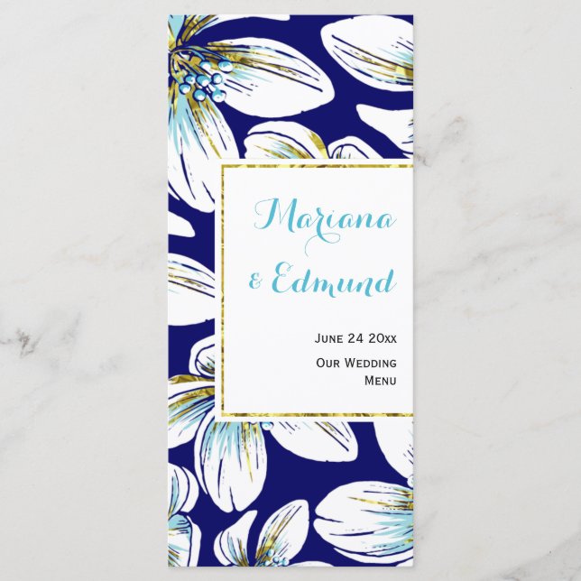Carte de menu de mariage bleu marine à motif flora (Devant)