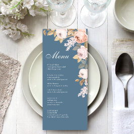 Carte de Menu de Mariage Boho Bleu et Pivoines Far