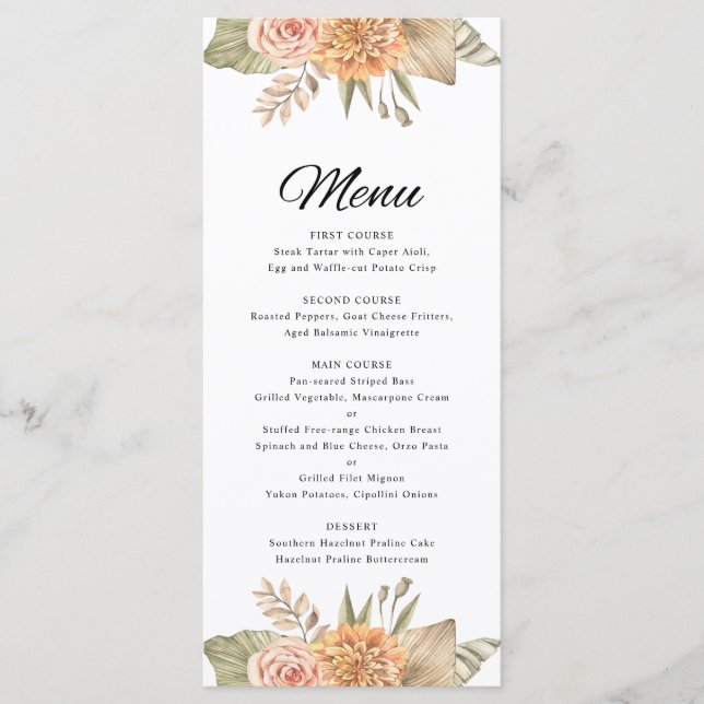 Carte de menu de Mariage Boho Floral Mariage minim (Devant)