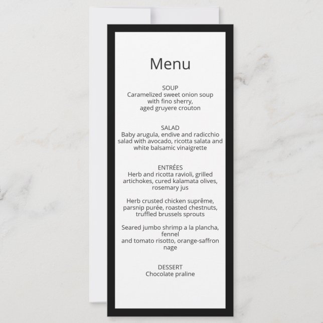 Carte de menu de mariage calligraphiée chic minima (Devant)
