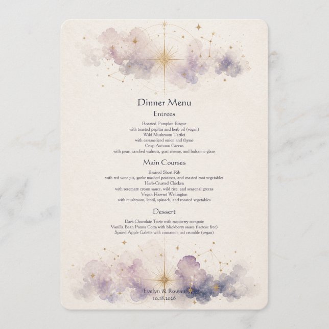 Carte de Menu de Mariage Céleste (Devant)