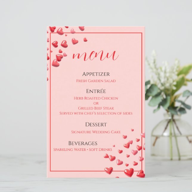 Carte de menu de mariage Cœurs Rouges (Debout devant)