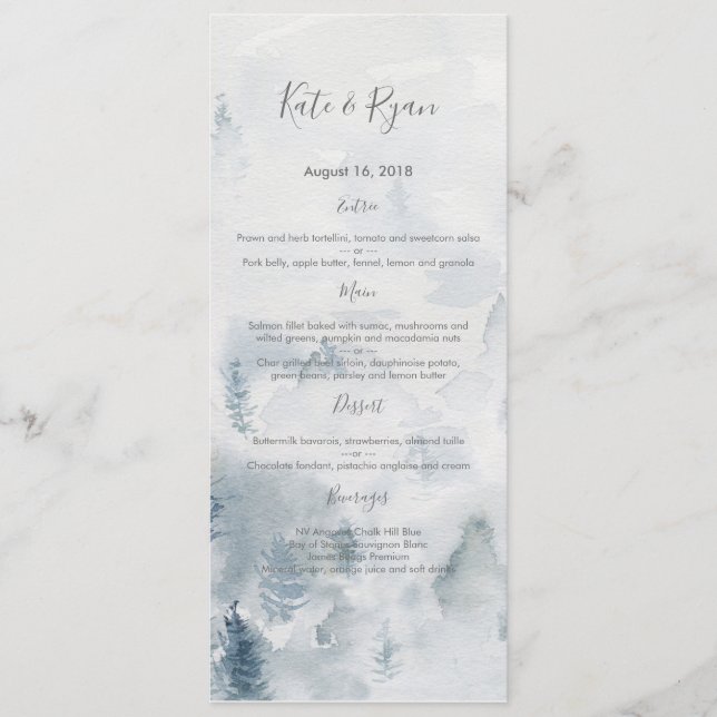 Carte de menu de mariage de forêt d'aquarelle (Devant)