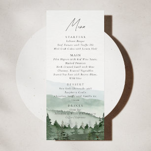 Carte de menu de mariage de montagne aux pins brum