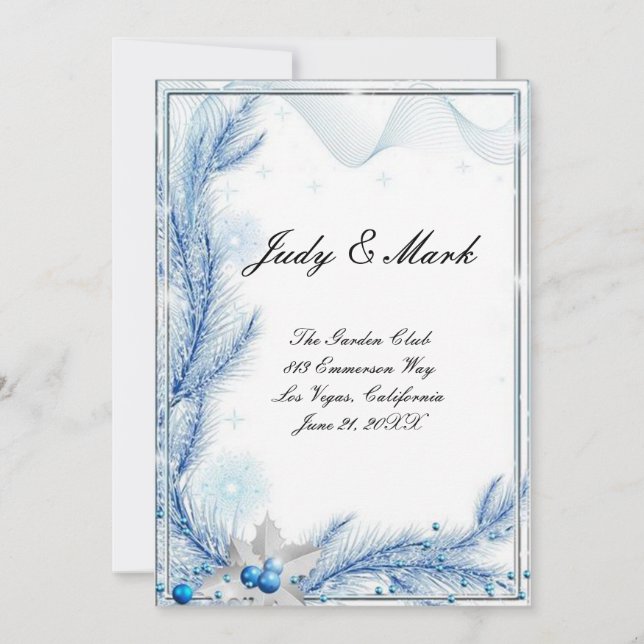 Carte de menu de mariage de Noël en pin bleu hiver (Devant)