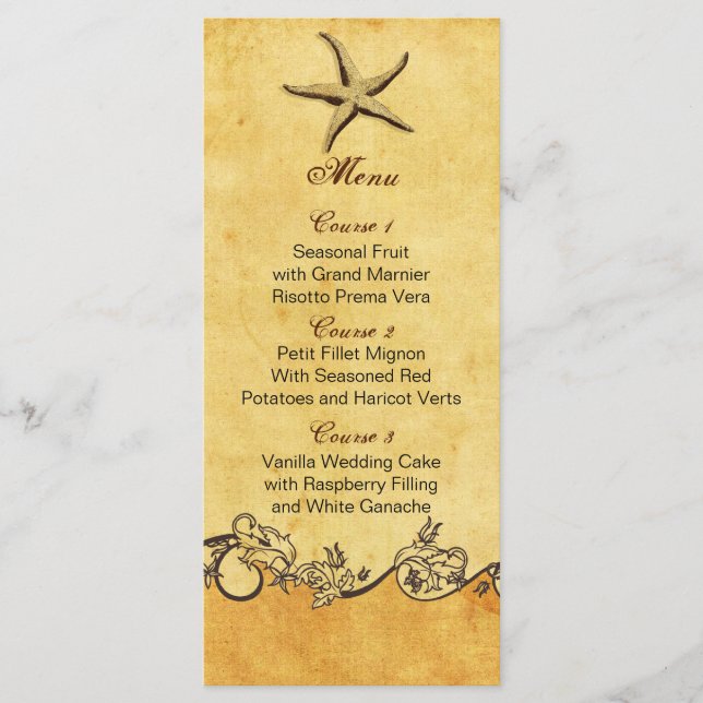 carte de menu de mariage de plage d'étoile de mer  (Devant)