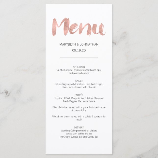 Carte de menu de mariage en or rose moderne amour (Devant)
