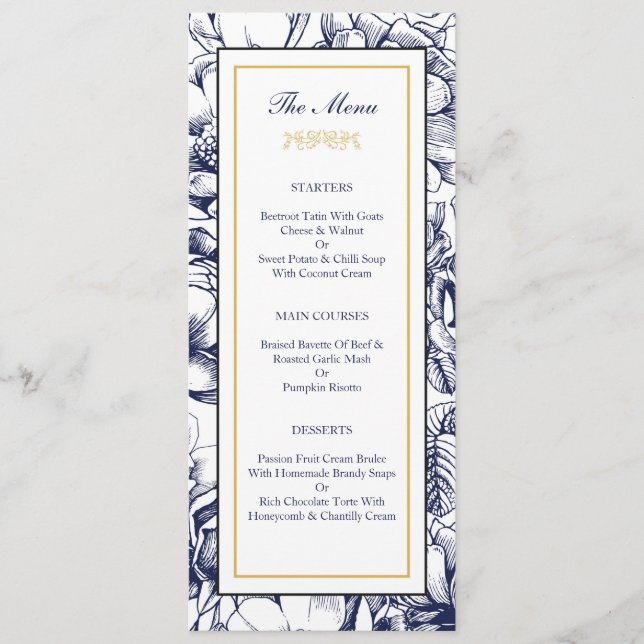 Carte de menu de mariage floral bleu minuit et or (Devant)