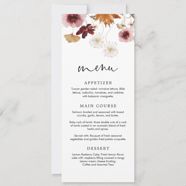 Carte de menu de mariage floral bohème automnal bu (Devant)