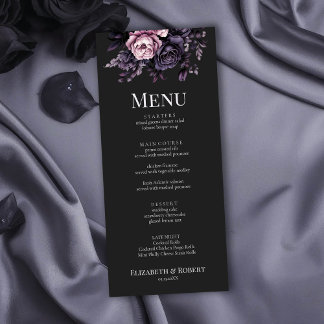 Carte de menu de mariage floral noir gothique