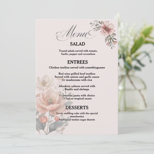 Carte de menu de mariage floral personnalisable él (Debout devant)
