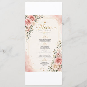 Carte de menu de mariage floral rose pastel Aqua