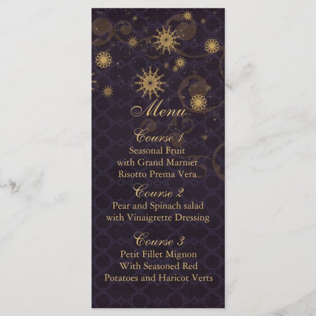 Carte de menu de mariage hivernal en or violet (Devant)