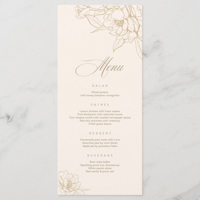 Carte de menu de mariage ivoire, avec pivoine flor (Devant)