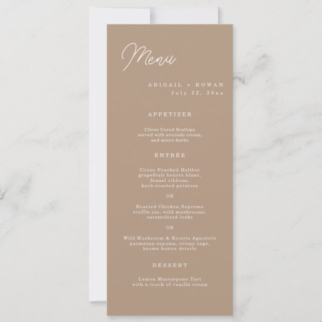 Carte de menu de mariage longue écriture minimalis (Devant)