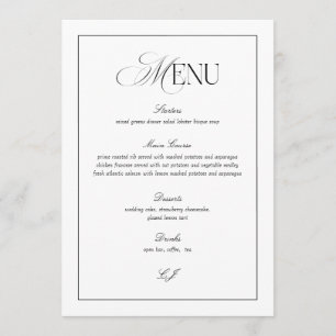 Carte de menu de mariage noir et blanc Old Money