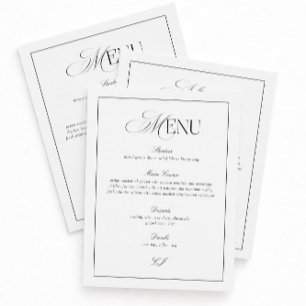 Carte de menu de mariage noir et blanc Old Money